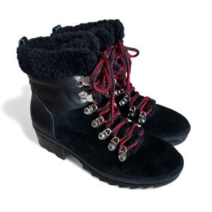 Marc Fisher Suede Faux Fur Fall Winter Boots Lace-Up Lug Sole Black Red Size 5.5